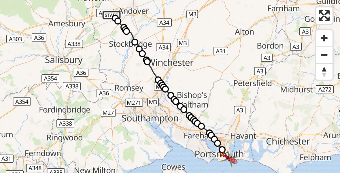 Flight route Air Ambulance Helicopter Amport - Portsmouth, 02 February 2026, 10:14