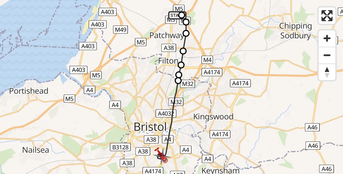 Routekaart van de vlucht: Air Ambulance Helicopter to Bristol, Daventry Road