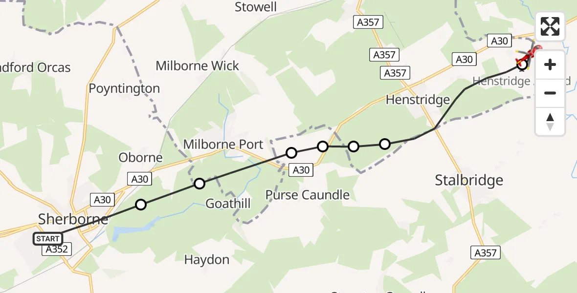 Flight route Air Ambulance Helicopter Sherborne - Henstridge Airfield, 02 February 2026, 10:25