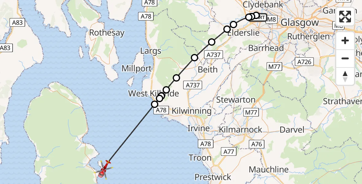Flight route Air Ambulance Helicopter Glasgow Airport - Inner Seas, 02 February 2026, 10:29
