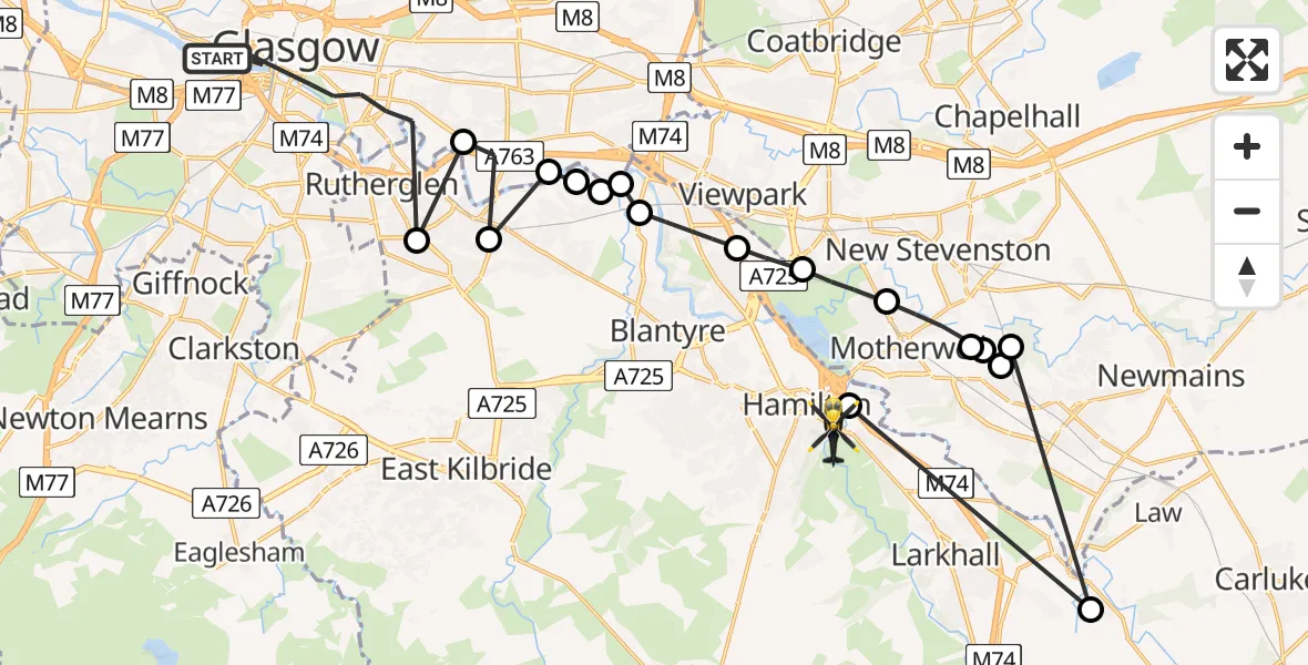 Flight route Police Helicopter Glasgow - Hamilton, 02 February 2026, 11:31