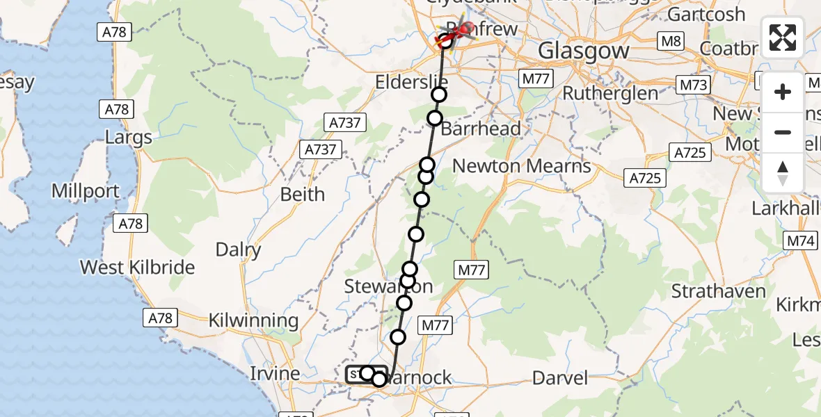 Flight route Air Ambulance Helicopter Crosshouse University Hospital - Glasgow Airport, 02 February 2026, 11:41