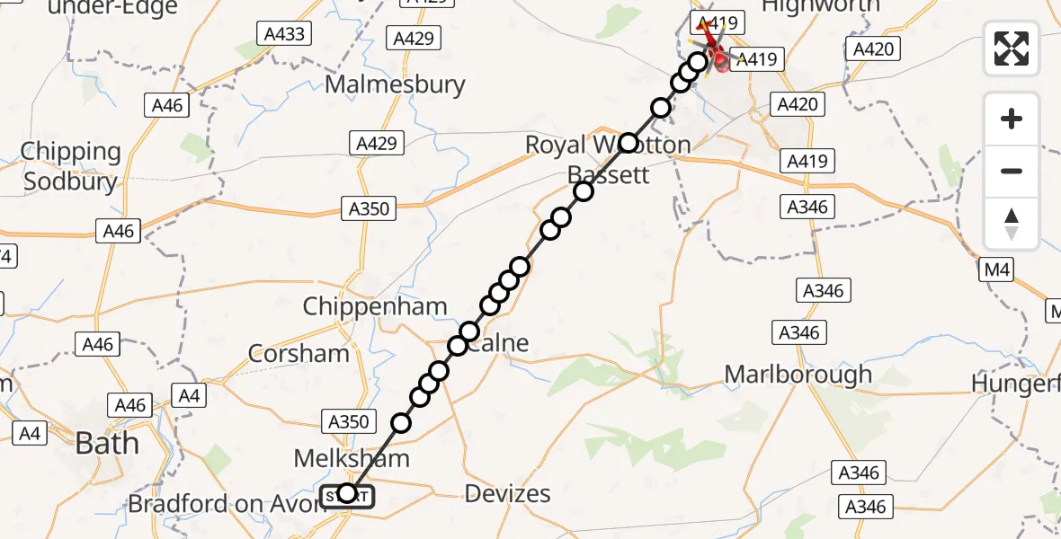 Flight route Air Ambulance Helicopter Wiltshire Air Ambulance - Blunsdon St Andrew, 02 February 2026, 11:46