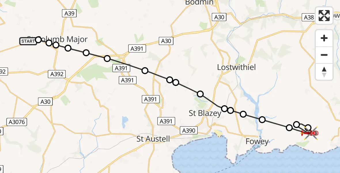 Flight route Air Ambulance Helicopter Cornwall Airport Newquay - Lansallos, 02 February 2026, 11:48