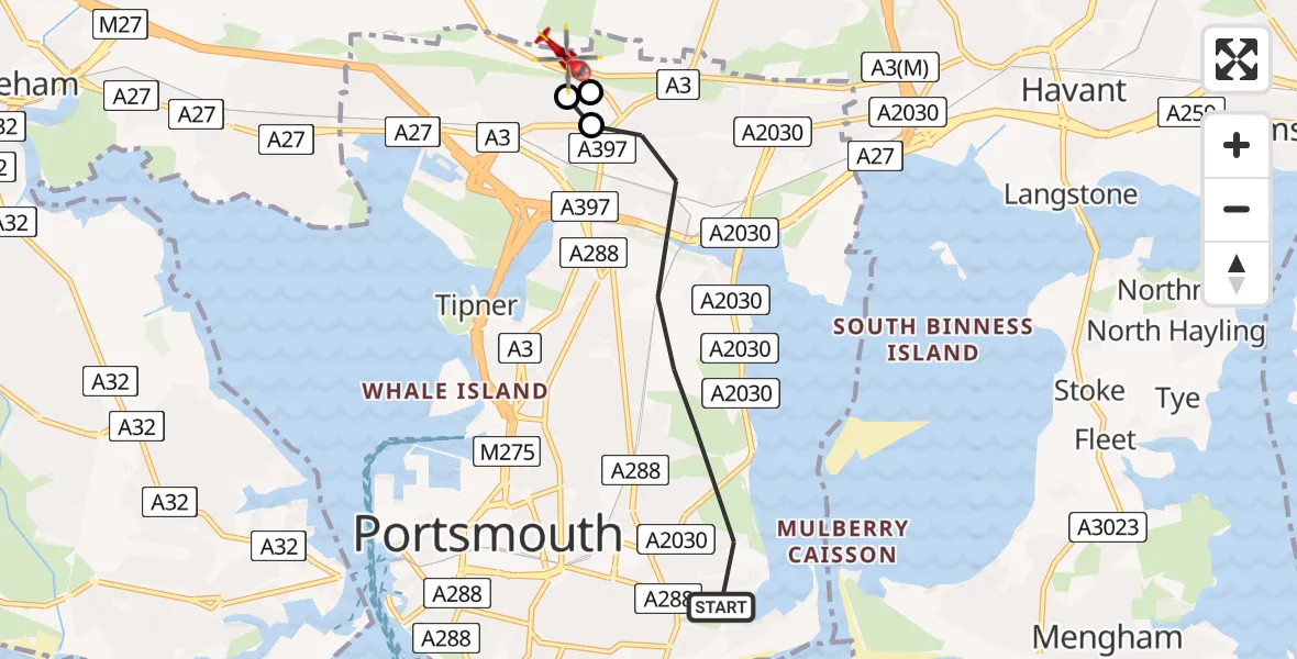 Flight route Air Ambulance Helicopter Portsmouth - Portsmouth, 02 February 2026, 11:52