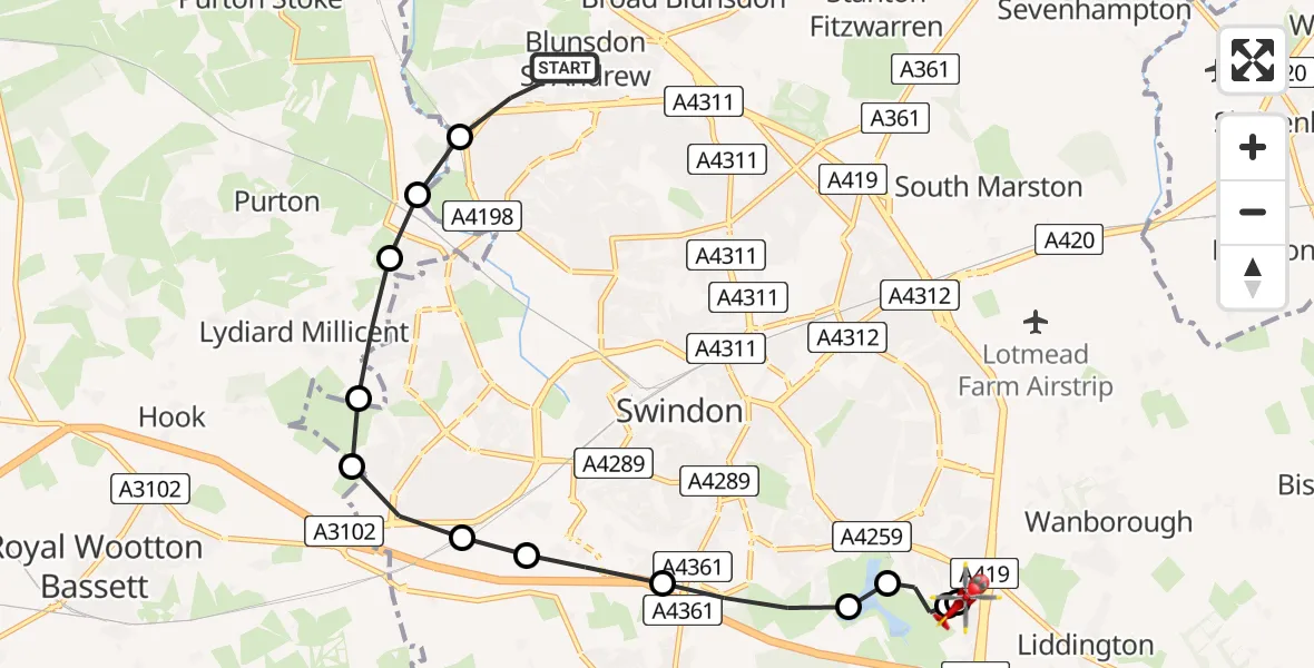 Routekaart van de vlucht: Air Ambulance Helicopter to Great Western Hospital, Great Western Hospital