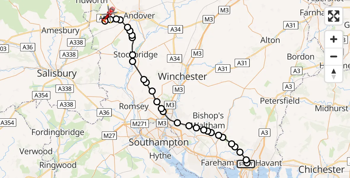 Flight route Air Ambulance Helicopter Queen Alexandra Hospital - Thruxton Aerodrome, 02 February 2026, 12:33
