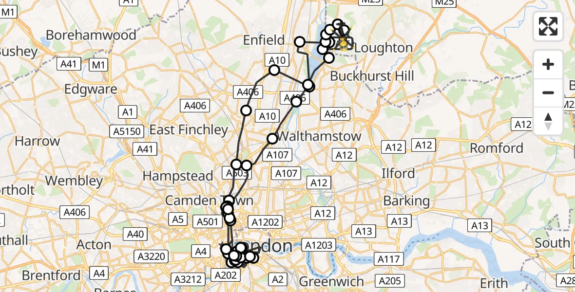 Flight route Police Helicopter Greater London - Sewardstonebury, 02 February 2026, 12:59