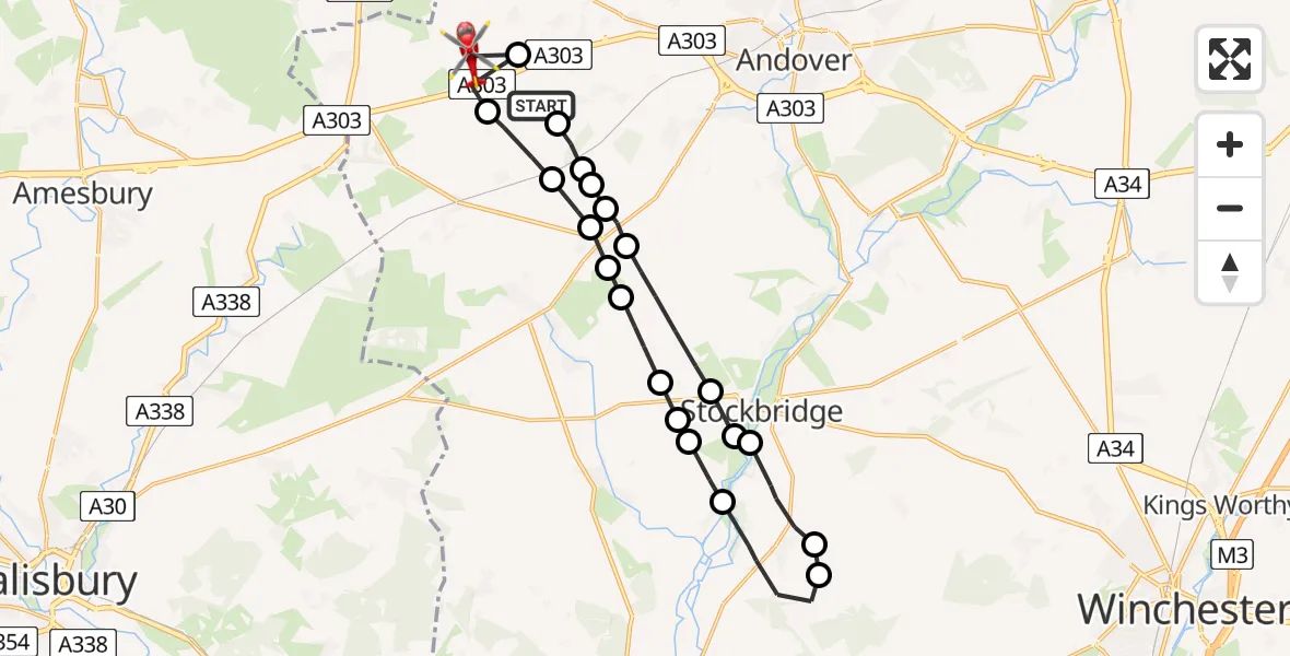 Flight route Air Ambulance Helicopter Thruxton - Kimpton, 02 February 2026, 13:04