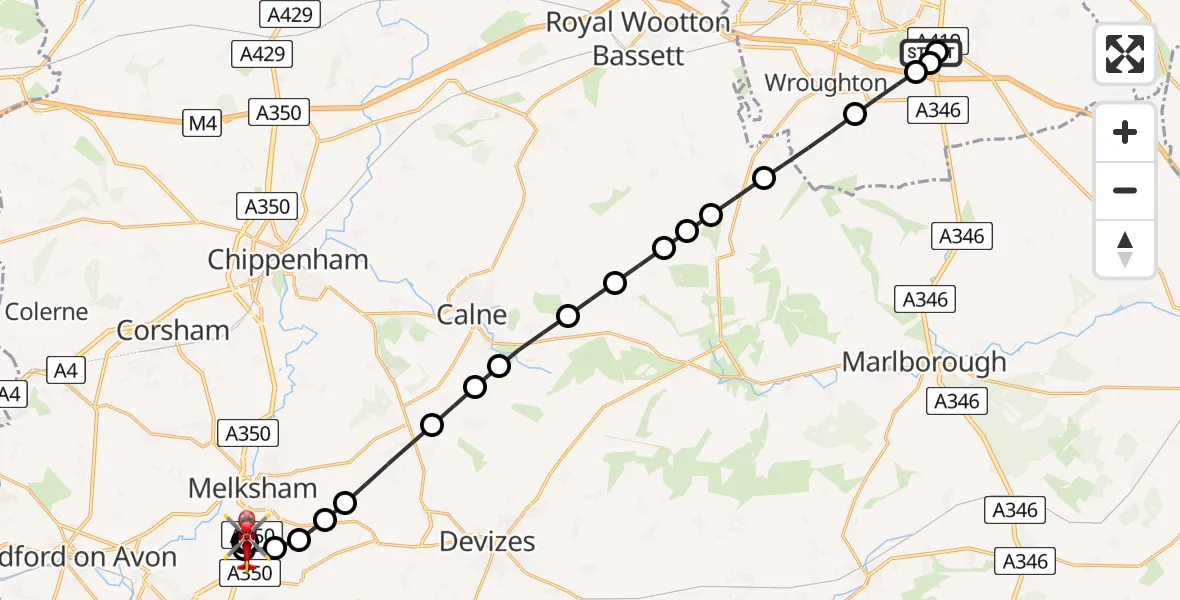 Flight route Air Ambulance Helicopter Great Western Hospital - Wiltshire Air Ambulance, 02 February 2026, 13:04