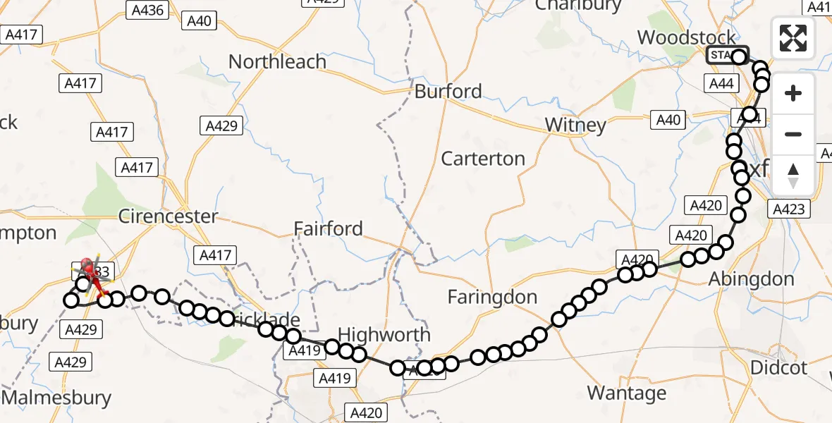 Flight route Air Ambulance Helicopter London Oxford Airport - Cotswold Airport, 02 February 2026, 13:24