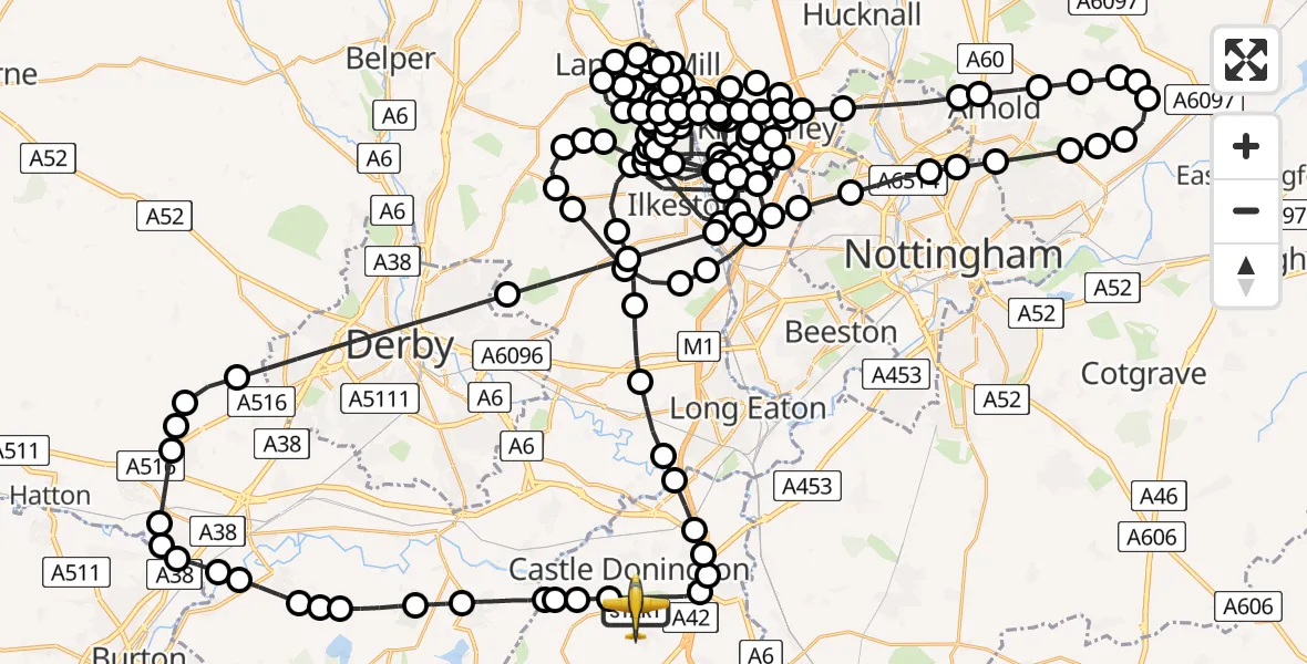 Flight route map: Police Aircraft to East Midlands Airport, East Midlands Airport