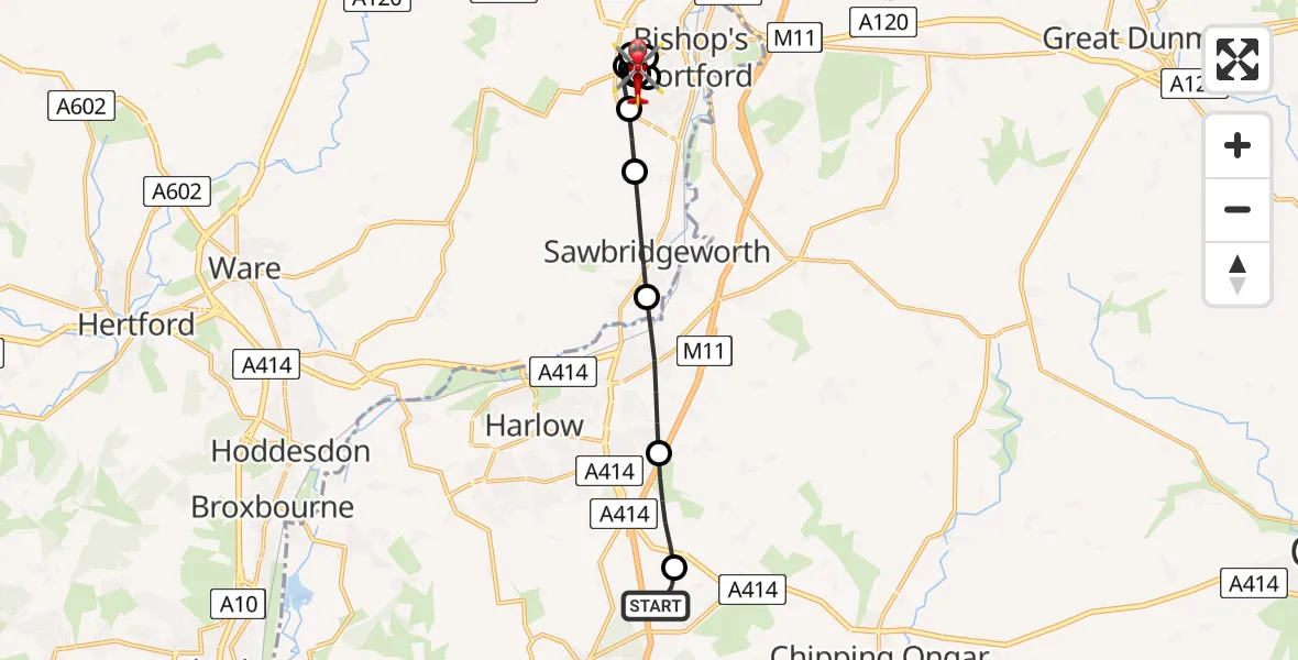 Flight route map: Air Ambulance Helicopter to Bishop's Stortford, Norman Avenue