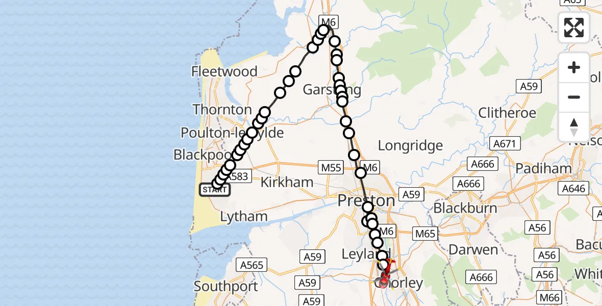 Flight route map: Air Ambulance Helicopter to Euxton, Washington Lane