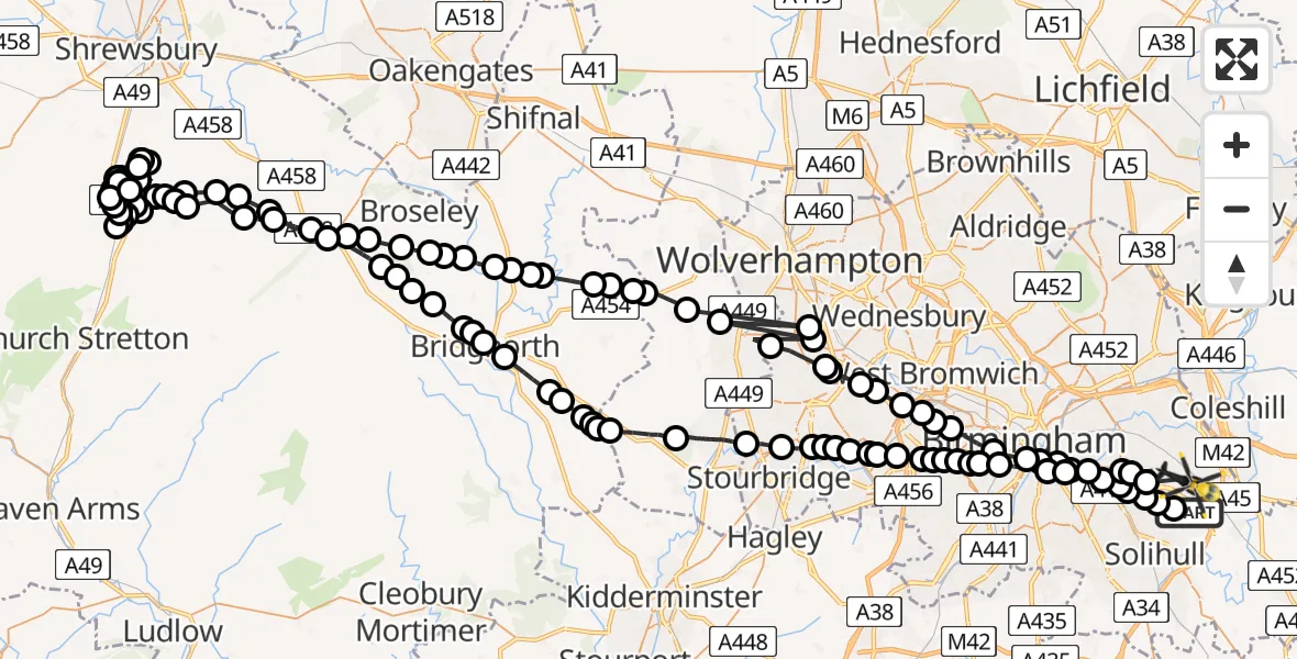 Flight route Police Helicopter Bickenhill - Birmingham Airport, 02 February 2026, 14:03