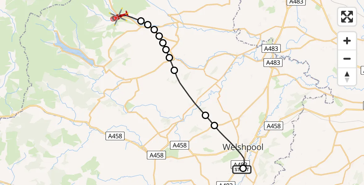 Flight route Air Ambulance Helicopter Welshpool Airport - Llangynog, 02 February 2026, 14:09