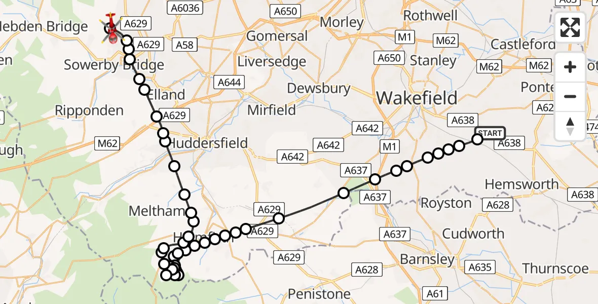Routekaart van de vlucht: Air Ambulance Helicopter to Mount Tabor, Woodlesford Crescent