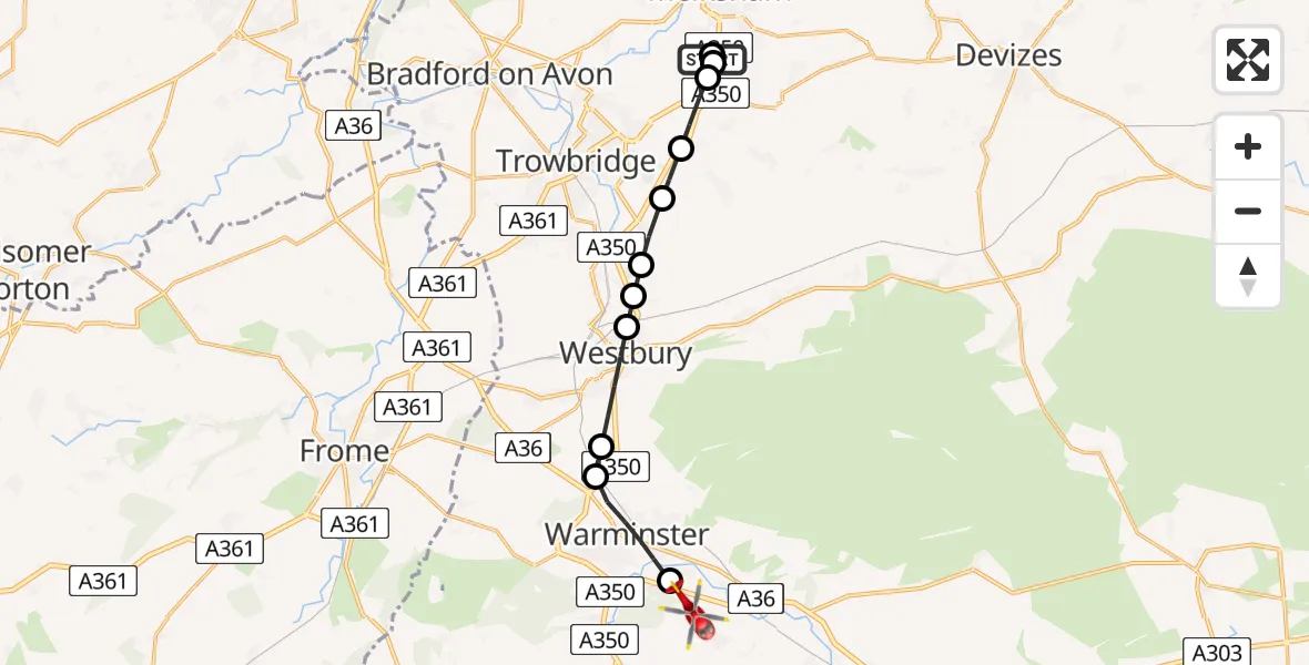 Flight route Air Ambulance Helicopter Wiltshire Air Ambulance - Bishopstrow, 02 February 2026, 14:15