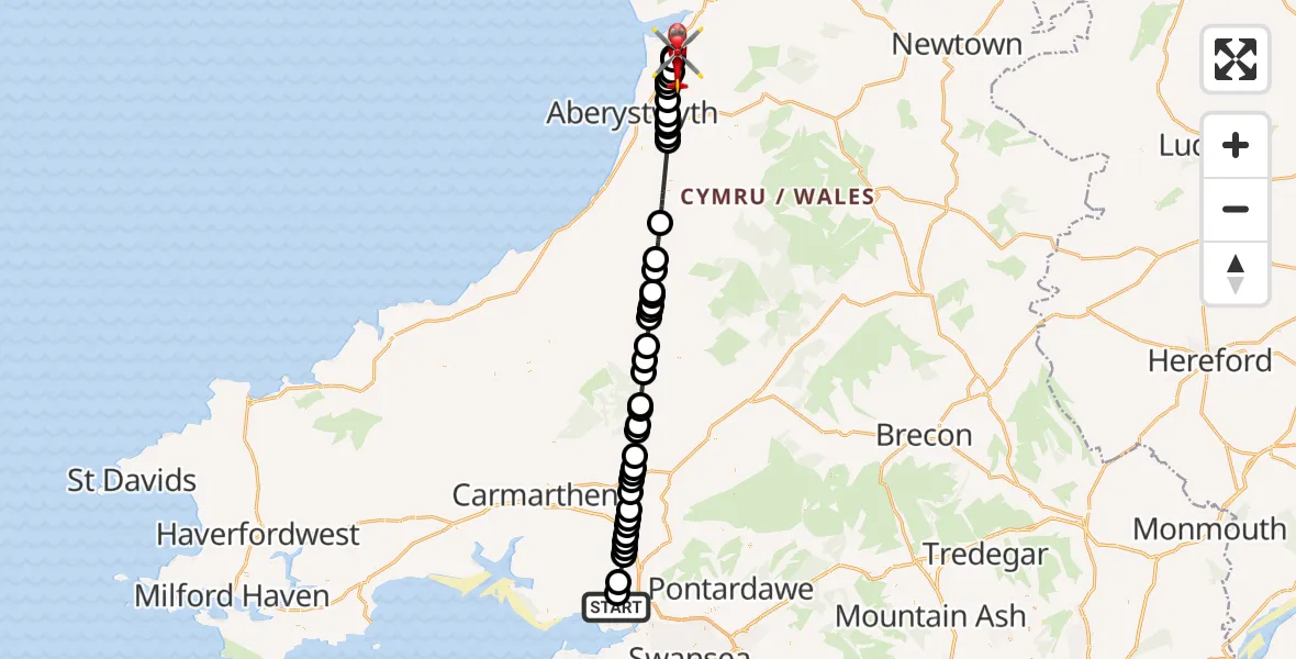 Flight route Air Ambulance Helicopter Dafen - Tal-y-bont, 02 February 2026, 14:20