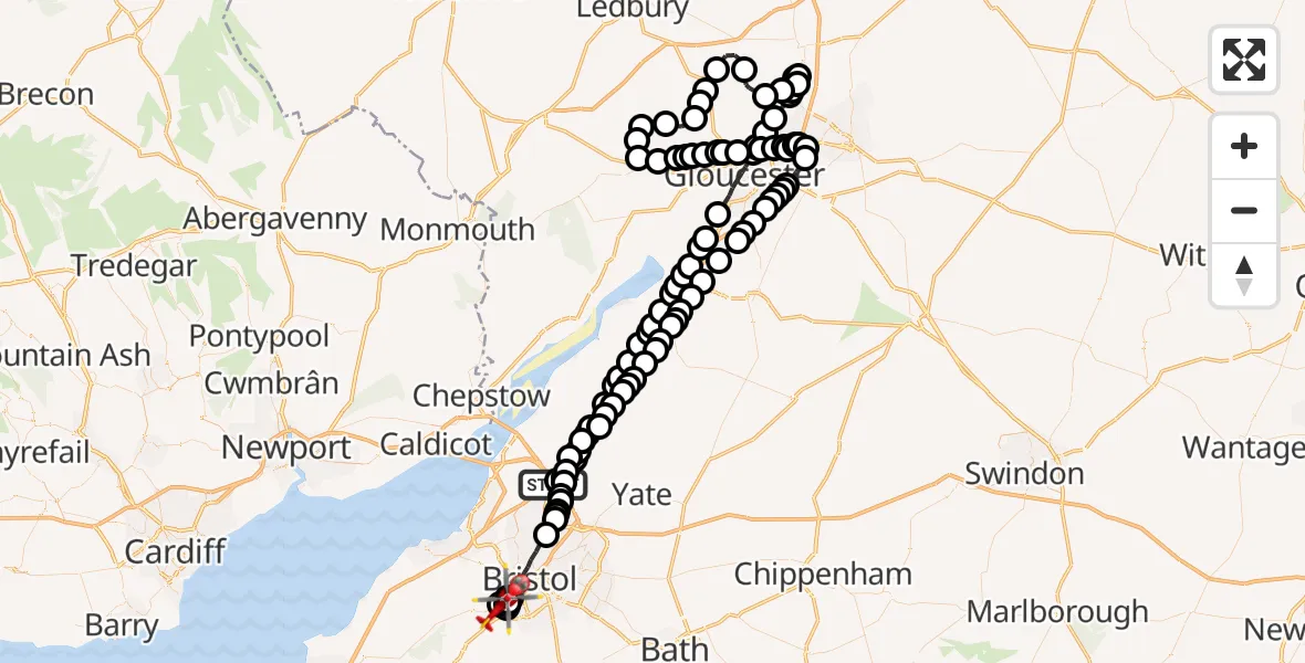 Flight route Air Ambulance Helicopter Almondsbury Helicopter Base - Long Ashton, 02 February 2026, 14:22
