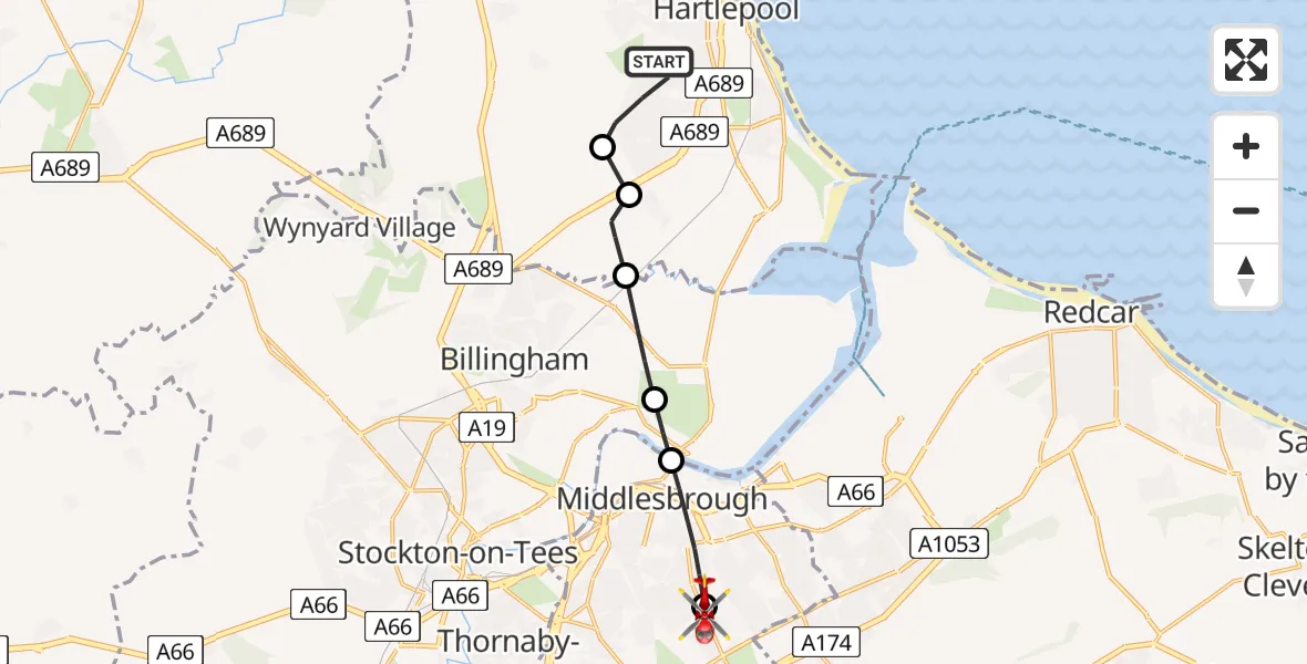 Routekaart van de vlucht: Air Ambulance Helicopter to James Cook University Hospital, James Cook University Hospital