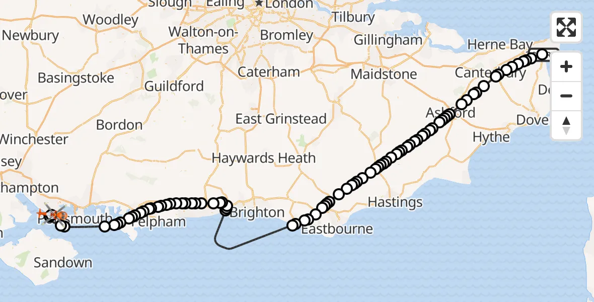 Flight route Coastguard Helicopter Manston Airport - Solent Airport, 02 February 2026, 14:41