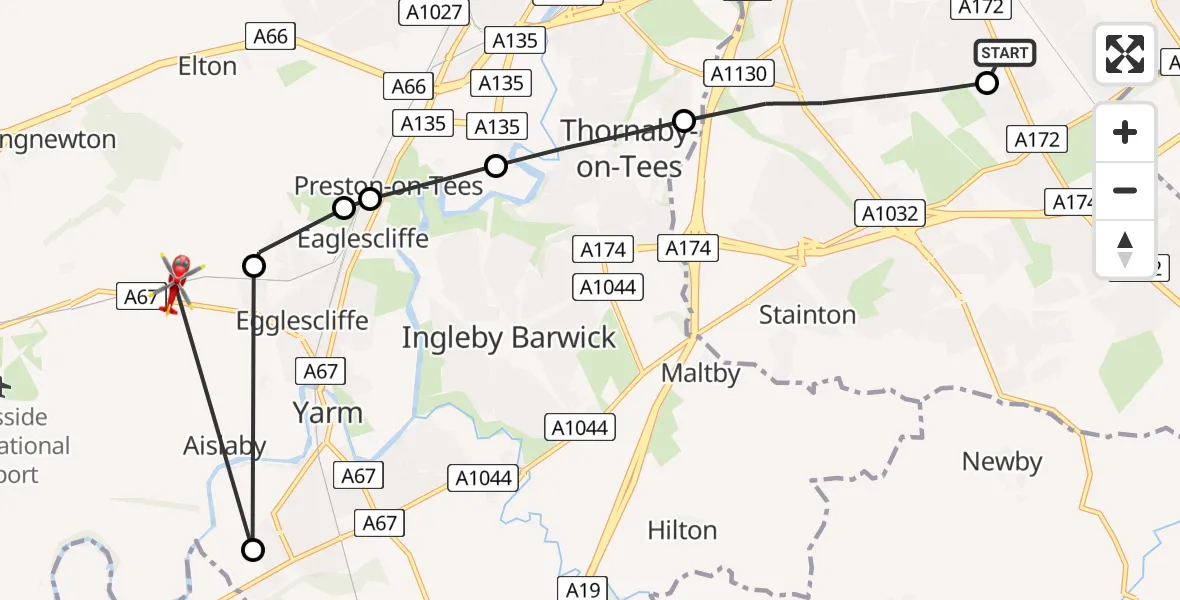 Flight route Air Ambulance Helicopter James Cook University Hospital - Egglescliffe, 02 February 2026, 15:01