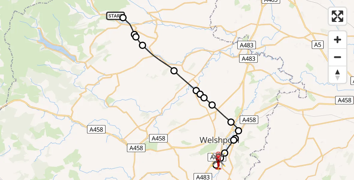 Flight route Air Ambulance Helicopter Llangynog - Welshpool Airport, 02 February 2026, 15:04