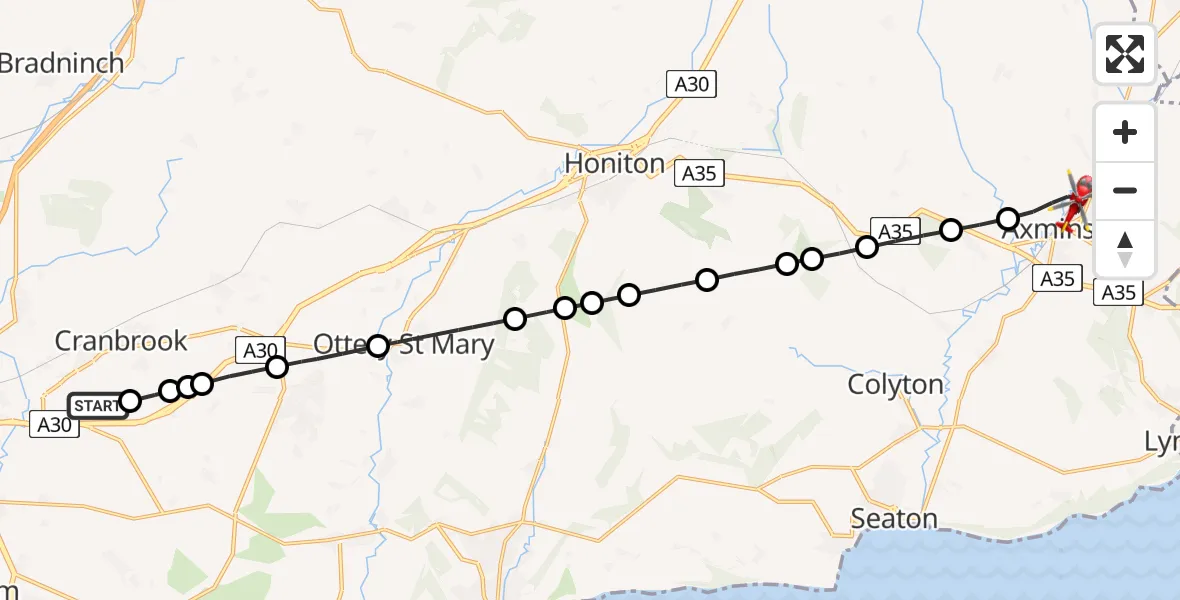 Flight route Air Ambulance Helicopter Exeter International Airport - Axminster, 02 February 2026, 15:22