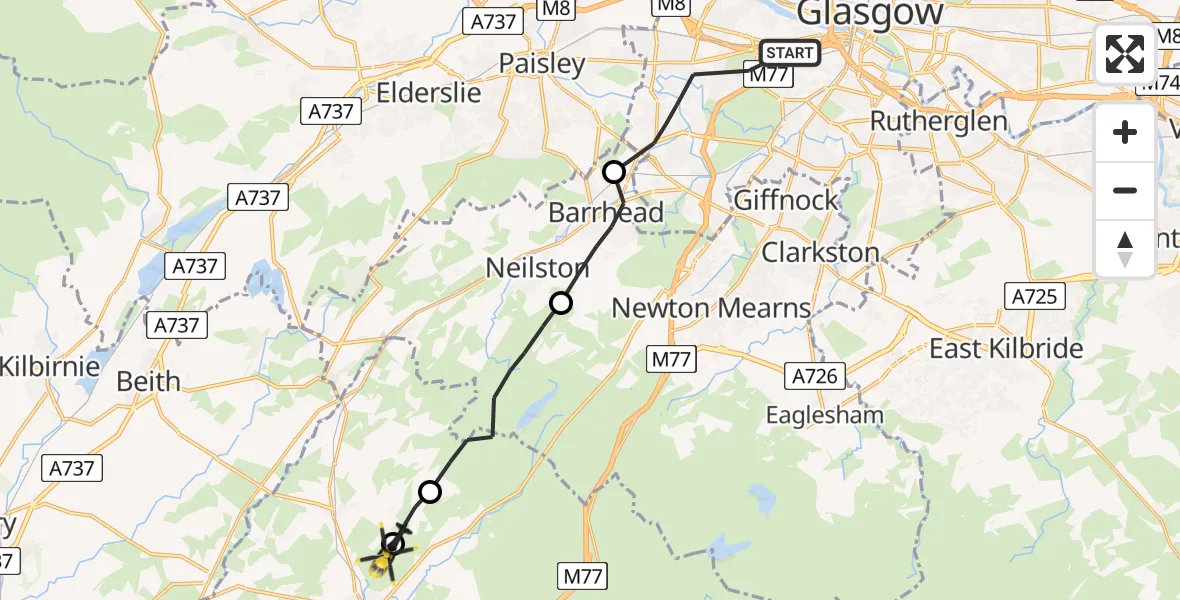 Flight route Police Helicopter Glasgow - Stewarton, 02 February 2026, 15:23