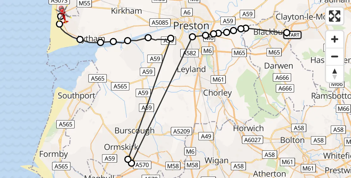 Routekaart van de vlucht: Air Ambulance Helicopter to Blackpool Airport, Blackpool Airport