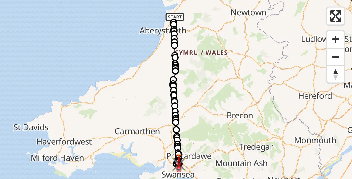 Flight route Air Ambulance Helicopter Tal-y-bont - Morriston Hospital Helipad, 02 February 2026, 15:54