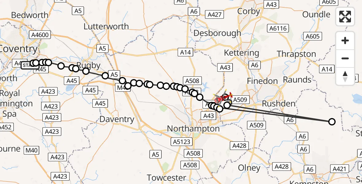 Flight route Air Ambulance Helicopter Coventry Airport - Sywell Aerodrome, 02 February 2026, 16:21