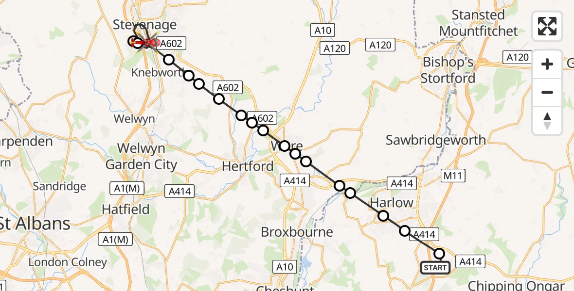 Flight route Air Ambulance Helicopter North Weald Airfield - Stevenage, 02 February 2026, 16:25