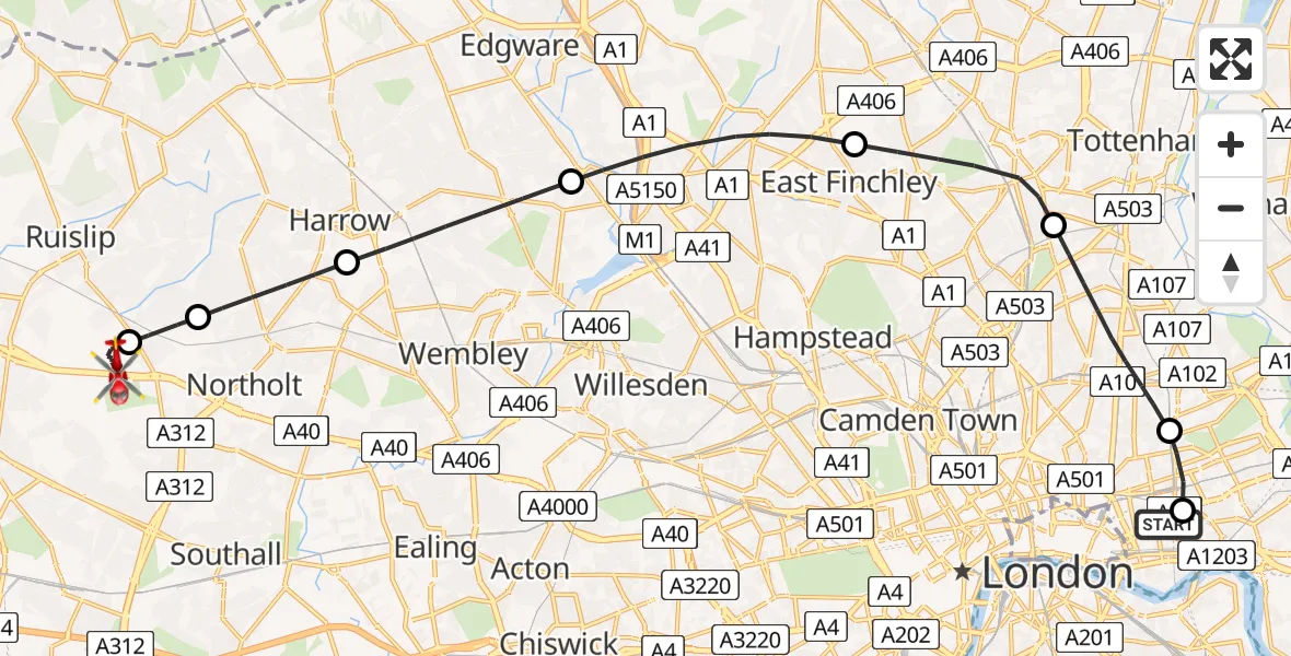 Flight route Air Ambulance Helicopter Royal London Hospital - RAF Northolt, 02 February 2026, 16:55