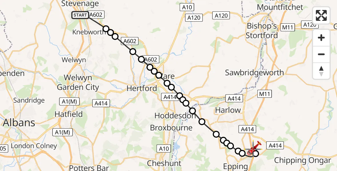 Flight route Air Ambulance Helicopter Stevenage - North Weald Airfield, 02 February 2026, 17:05