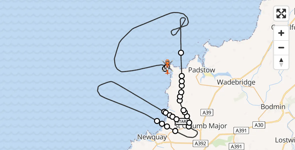 Flight route Coastguard Helicopter Cornwall Airport Newquay - Constantine Bay, 02 February 2026, 17:07
