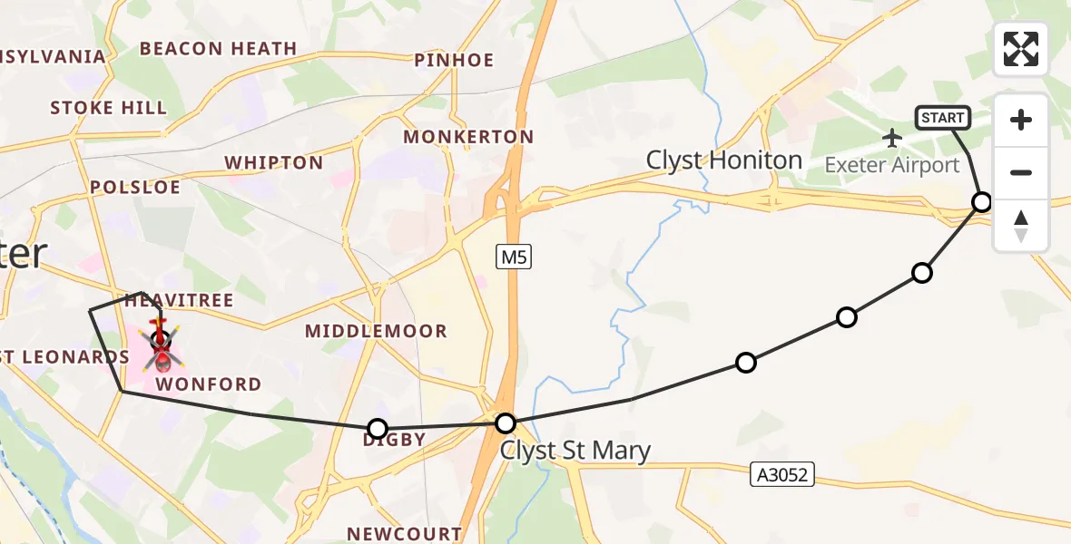 Flight route map: Air Ambulance Helicopter to Royal Devon & Exeter Hospital, Royal Devon & Exeter Hospital