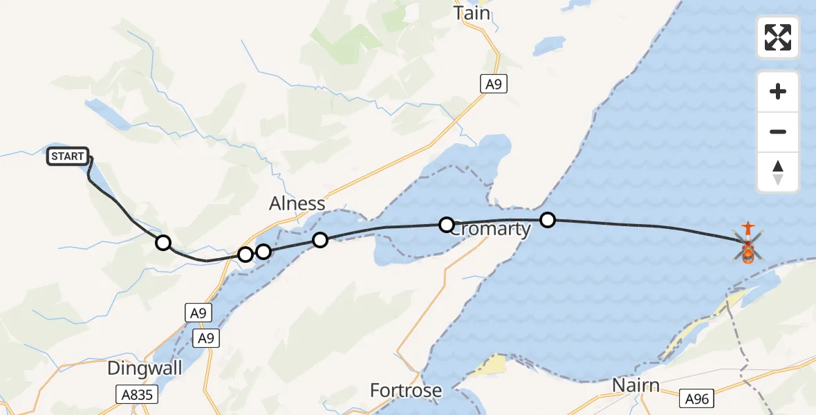 Flight route map: Coastguard Helicopter to North Sea, North Sea