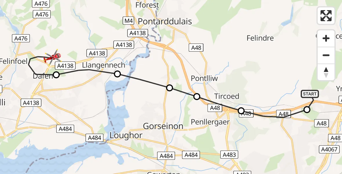 Flight route Air Ambulance Helicopter Morriston Hospital Helipad - Dafen, 02 February 2026, 17:29
