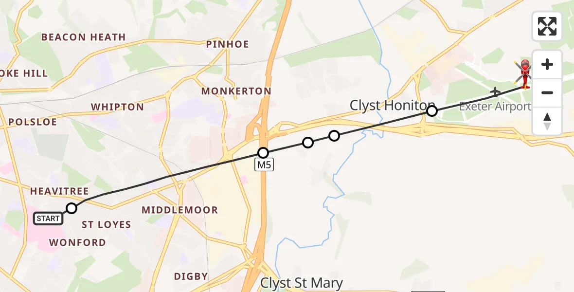 Flight route Air Ambulance Helicopter Royal Devon & Exeter Hospital - Exeter International Airport, 02 February 2026, 17:34