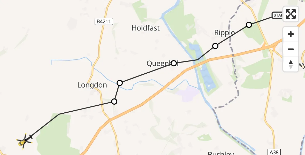 Routekaart van de vlucht: Police Helicopter to Pendock, Pendock