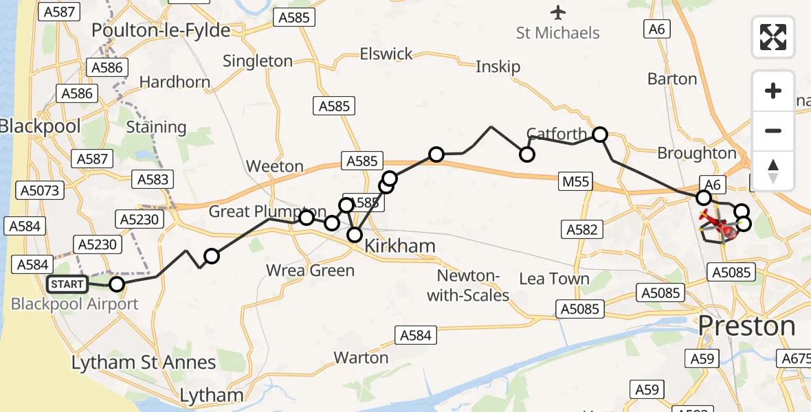 Flight route Air Ambulance Helicopter Blackpool Airport - Preston, 02 February 2026, 18:03