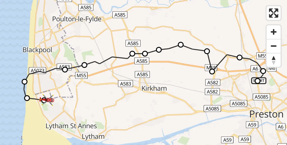 Flight route Air Ambulance Helicopter Royal Preston - Blackpool Airport, 02 February 2026, 18:15