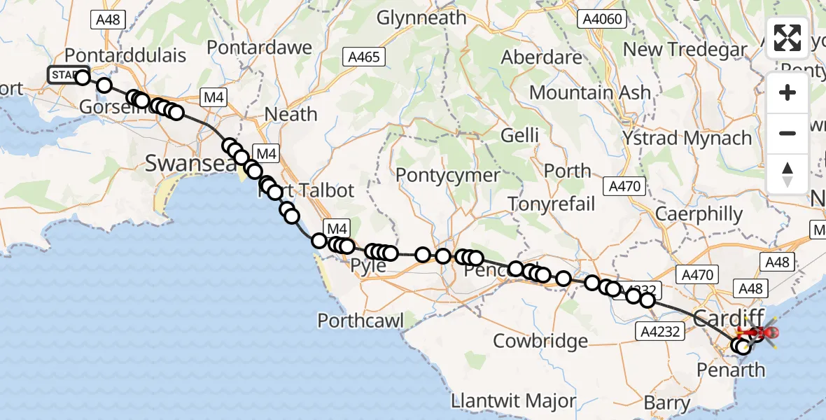 Flight route Air Ambulance Helicopter Dafen - Cardiff Heliport, 02 February 2026, 18:20