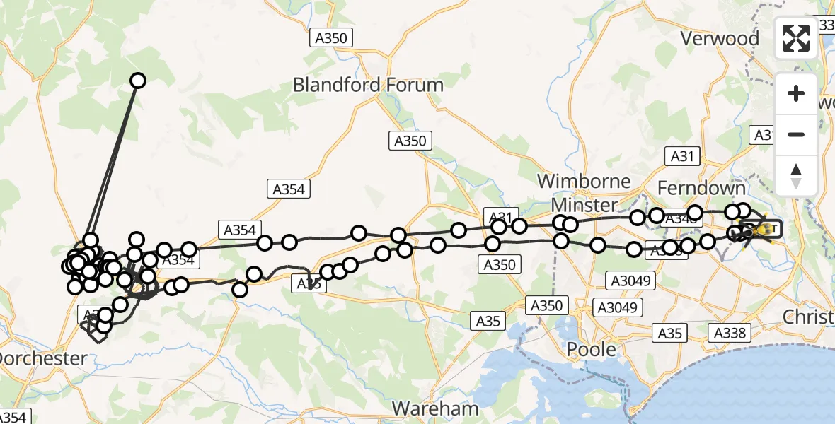 Flight route Police Helicopter Bournemouth Airport - Bournemouth Airport, 02 February 2026, 18:26