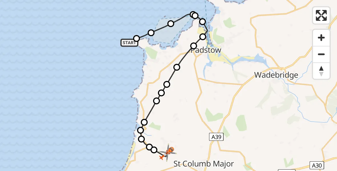 Flight route Coastguard Helicopter Bristol Channel - Cornwall Airport Newquay, 02 February 2026, 18:28