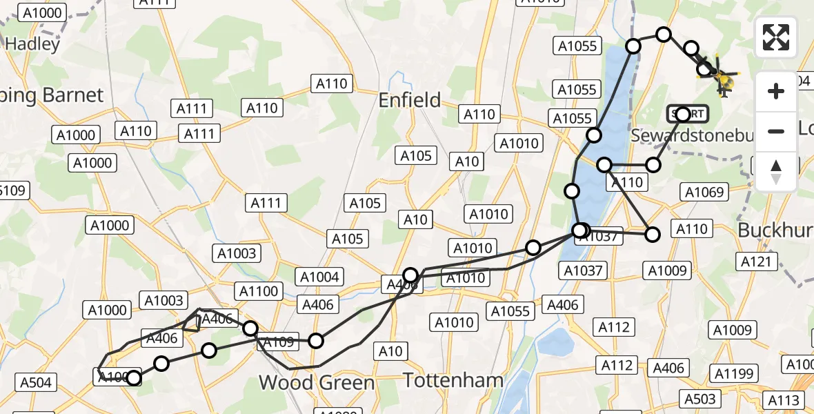 Flight route Police Helicopter Sewardstonebury - Epping Forest, 02 February 2026, 18:33