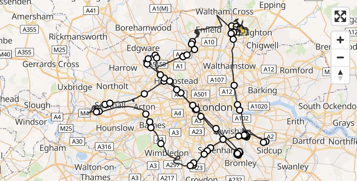 Routekaart van de vlucht: Police Helicopter to Sewardstonebury, Blind Lane