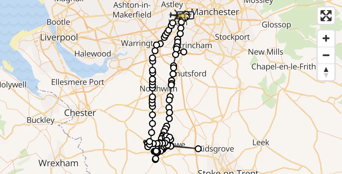 Flight route Police Helicopter Manchester Barton Aerodrome - Irlam, 02 February 2026, 20:46